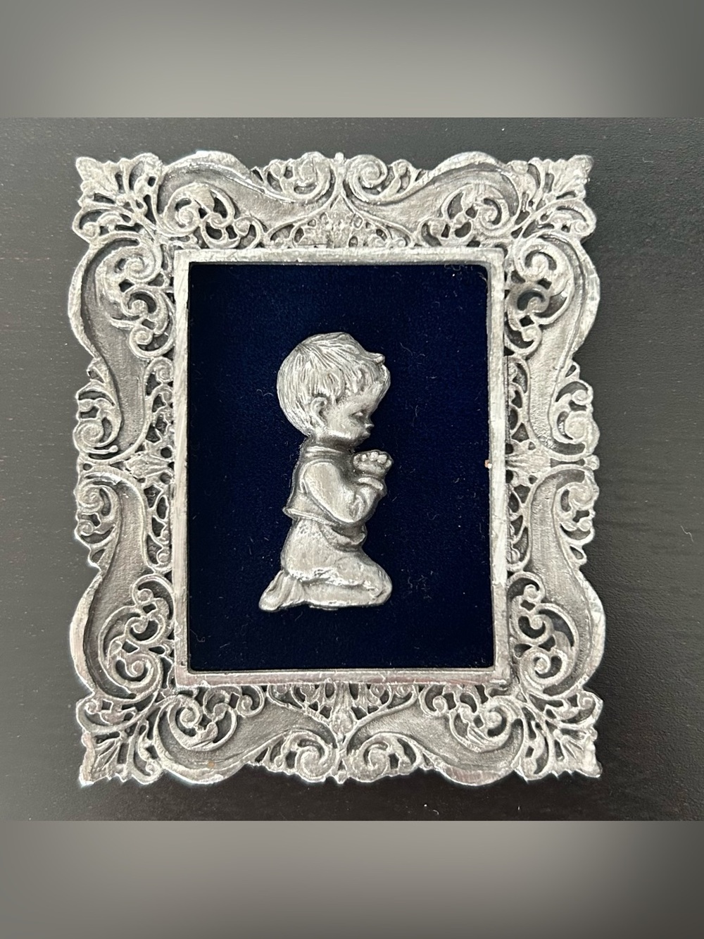 Pewter Praying Child Wall Plaque with Navy Backing 3” x 2.5” Christian Gifts